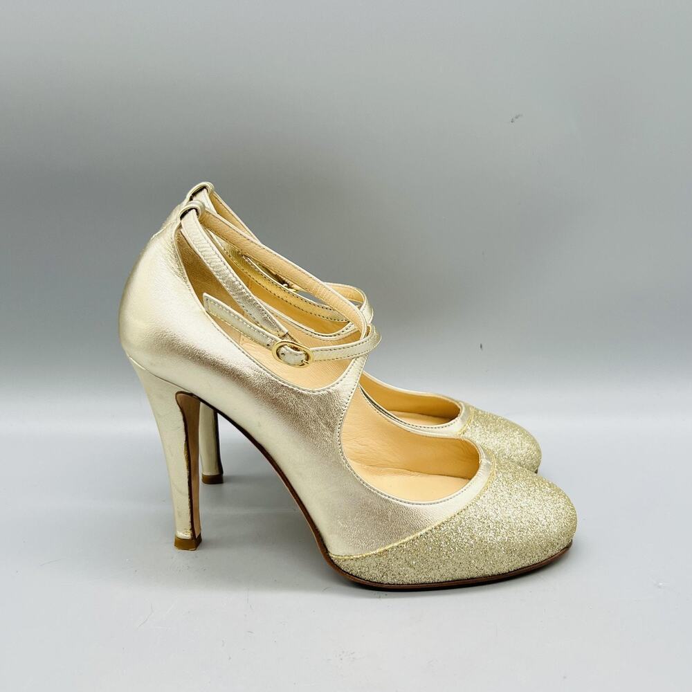 Butter Shoes Womens 5 Gold Leather Glitter Mary Jane Ankle Strap Stiletto Pumps
